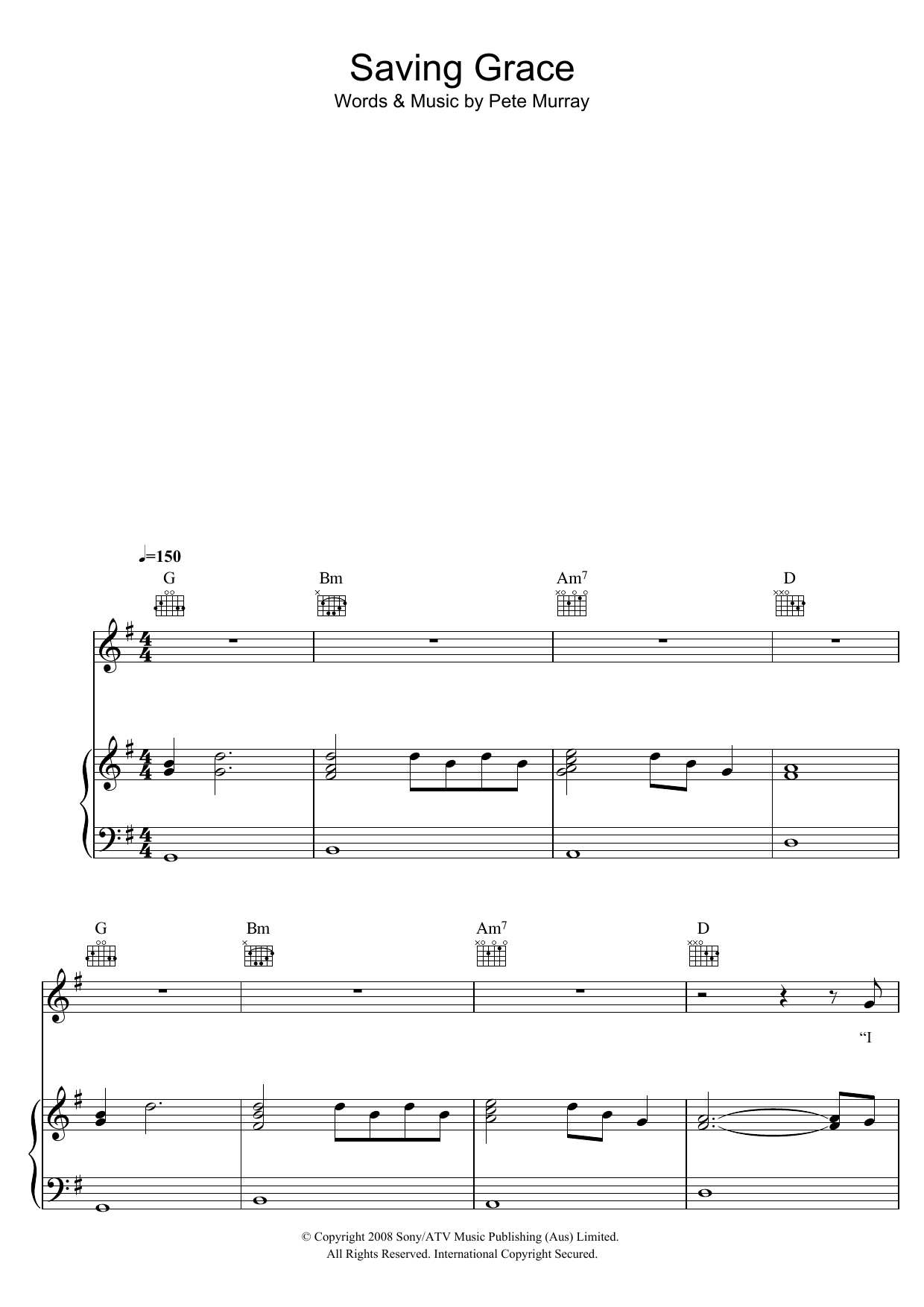 Pete Murray Saving Grace sheet music notes and chords arranged for Piano, Vocal & Guitar Chords
