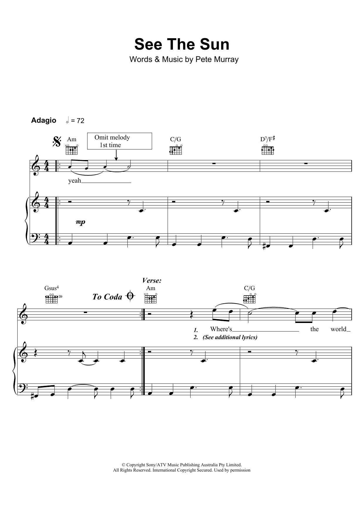 Pete Murray See The Sun sheet music notes and chords arranged for Piano, Vocal & Guitar Chords