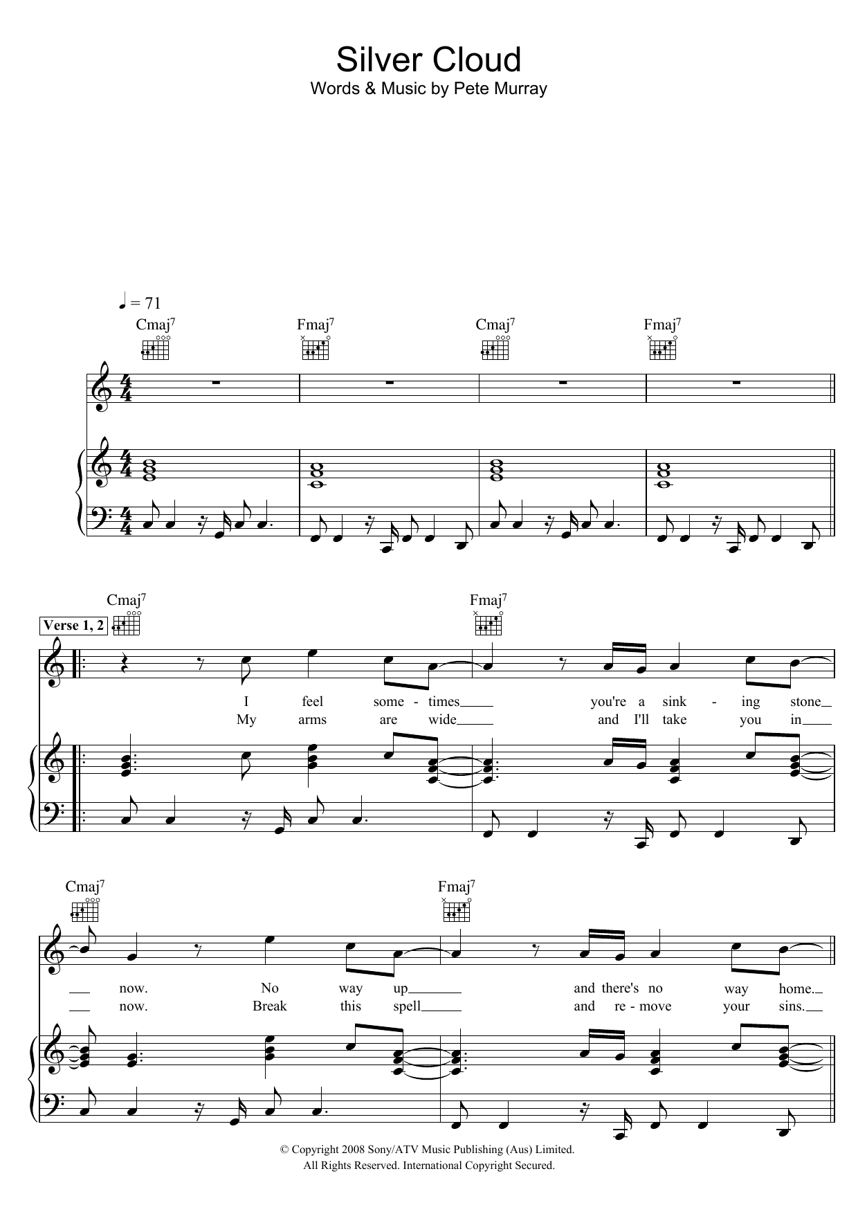 Pete Murray Silver Cloud sheet music notes and chords arranged for Piano, Vocal & Guitar Chords