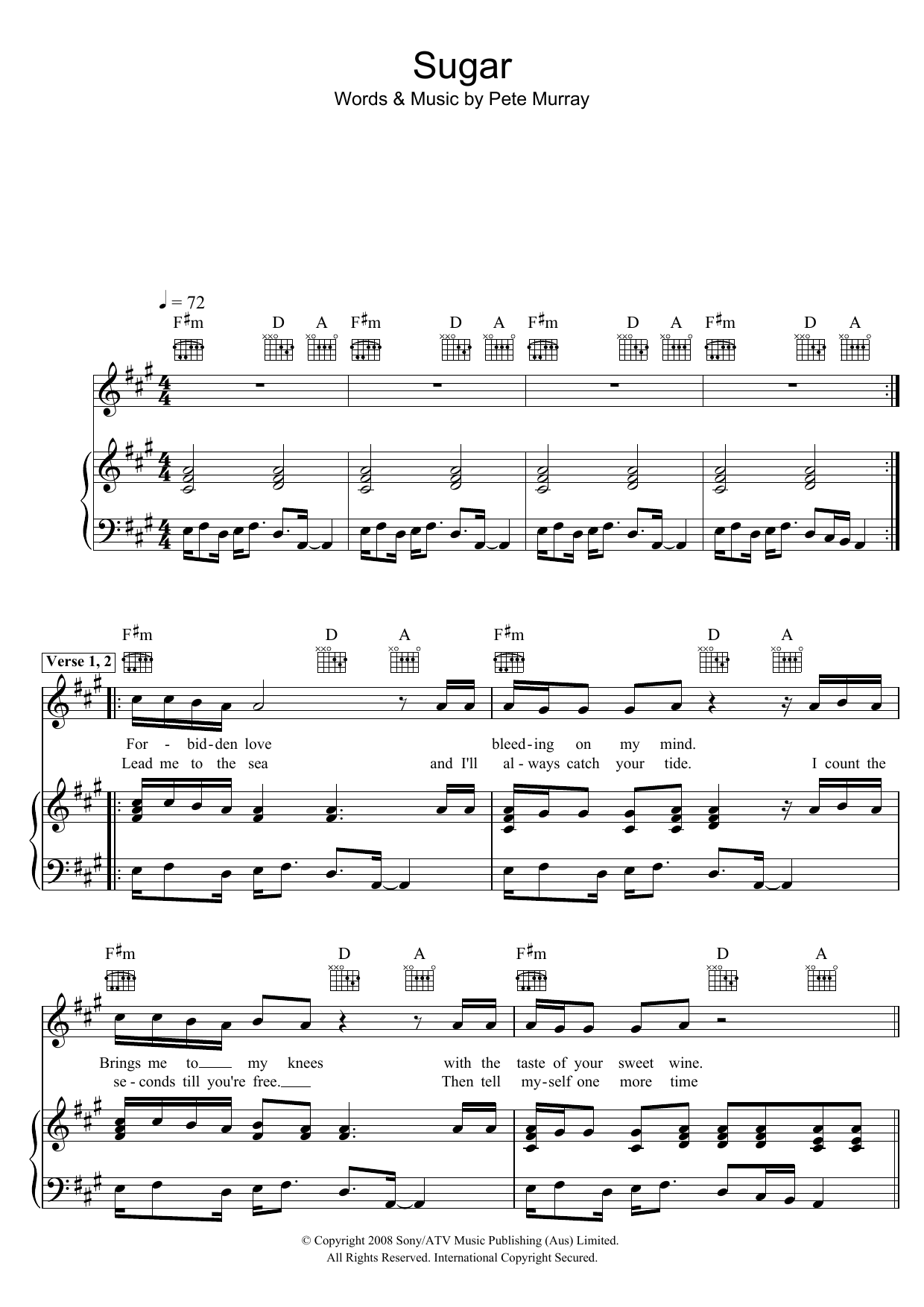 Pete Murray Sugar sheet music notes and chords arranged for Piano, Vocal & Guitar Chords