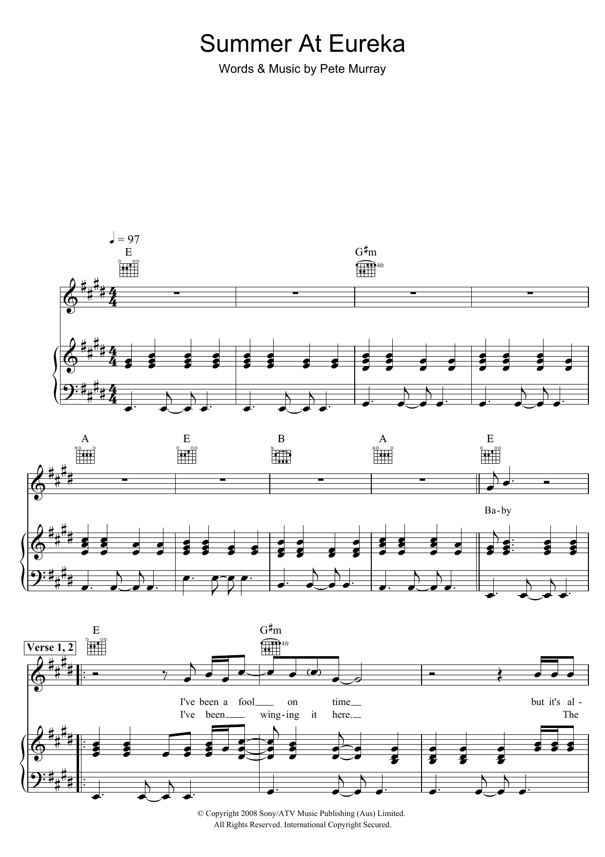 Pete Murray Summer At Eureka sheet music notes and chords arranged for Piano, Vocal & Guitar Chords
