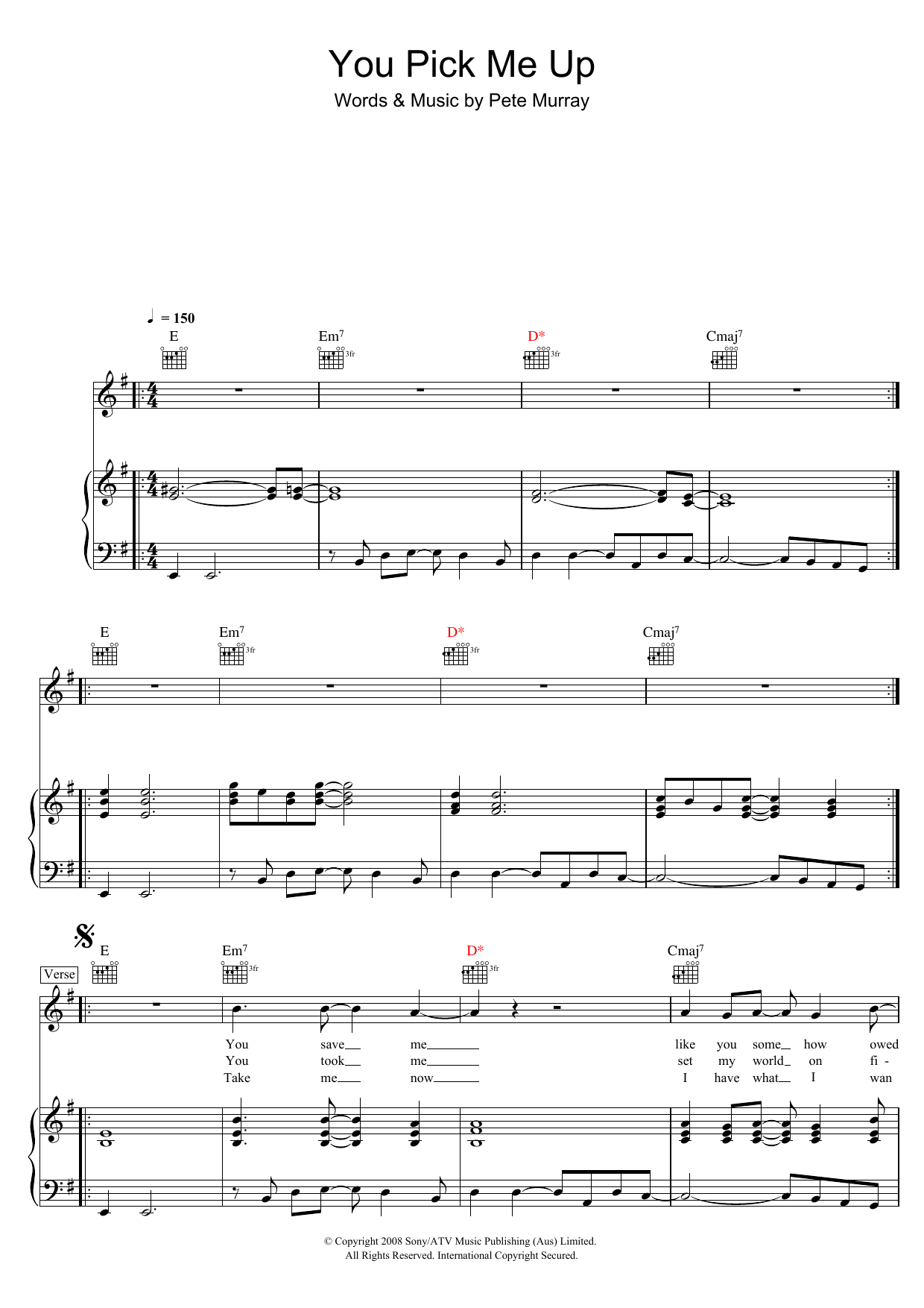Pete Murray You Pick Me Up sheet music notes and chords arranged for Piano, Vocal & Guitar Chords