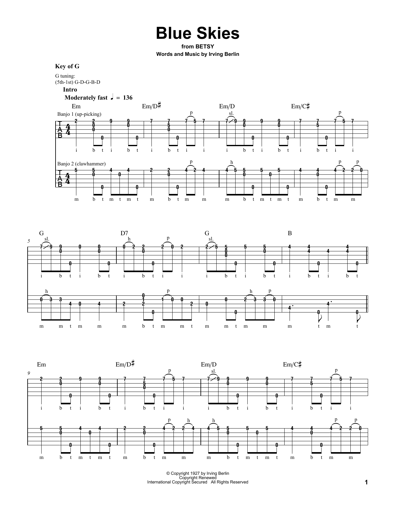 Pete Seeger Blue Skies sheet music notes and chords arranged for Banjo Tab