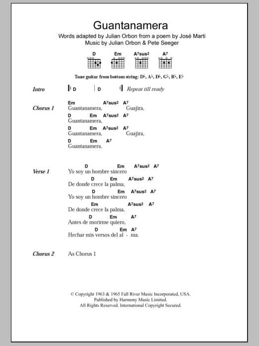 Pete Seeger Guantanamera sheet music notes and chords arranged for Alto Sax Solo