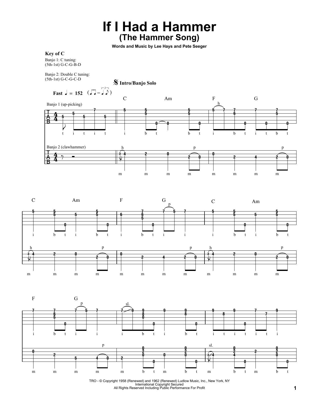 Pete Seeger If I Had A Hammer (The Hammer Song) sheet music notes and chords arranged for Banjo Tab
