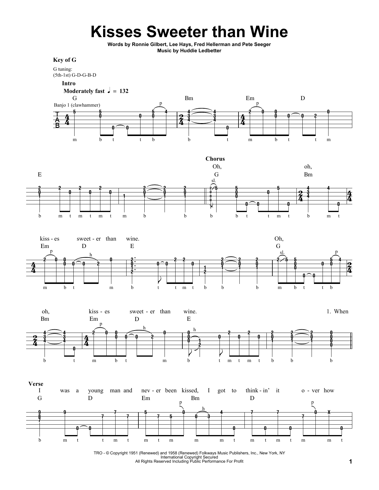 Pete Seeger Kisses Sweeter Than Wine sheet music notes and chords arranged for Banjo Tab