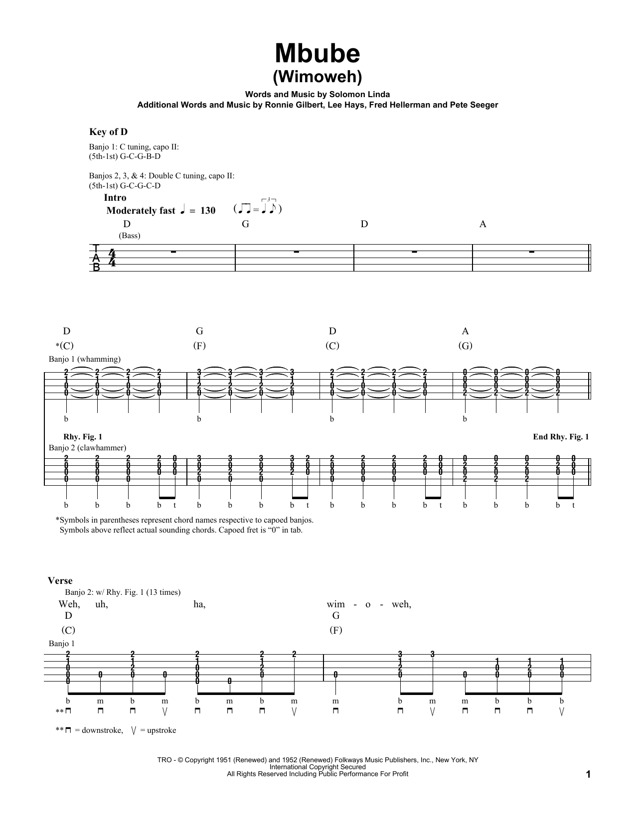 Pete Seeger Mbube (Wimoweh) sheet music notes and chords arranged for Banjo Tab