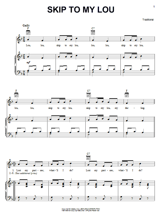 Pete Seeger Skip To My Lou sheet music notes and chords arranged for Piano, Vocal & Guitar Chords (Right-Hand Melody)