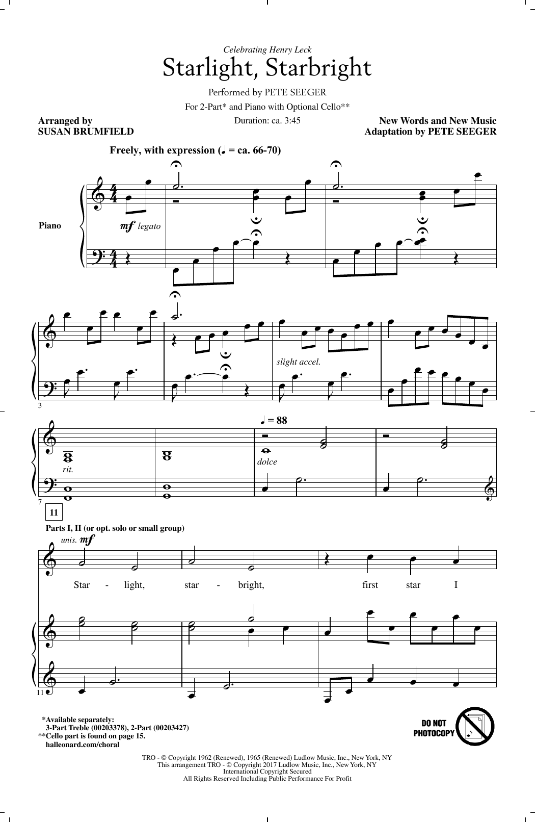 Pete Seeger Starlight, Starbright (arr. Susan Brumfield) sheet music notes and chords arranged for 2-Part Choir