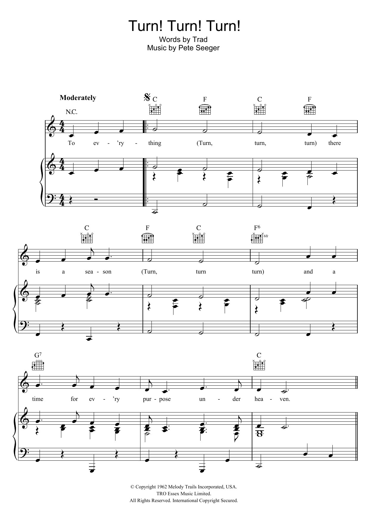 Pete Seeger Turn! Turn! Turn! sheet music notes and chords arranged for Piano, Vocal & Guitar Chords