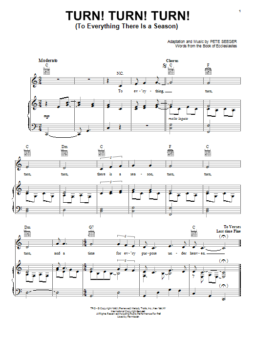 Pete Seeger Turn! Turn! Turn! (To Everything There Is A Season) sheet music notes and chords arranged for Piano, Vocal & Guitar Chords (Right-Hand Melody)