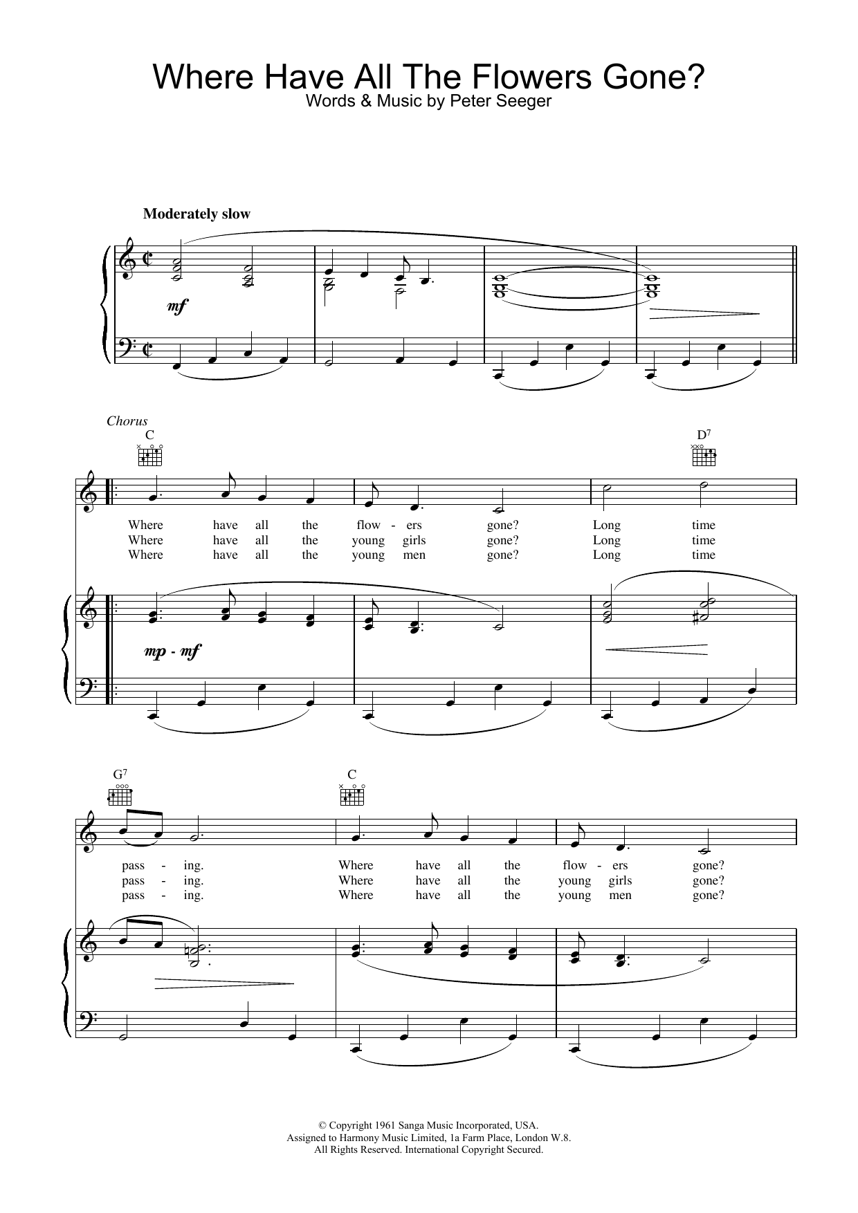 Pete Seeger Where Have All The Flowers Gone sheet music notes and chords arranged for Piano, Vocal & Guitar Chords