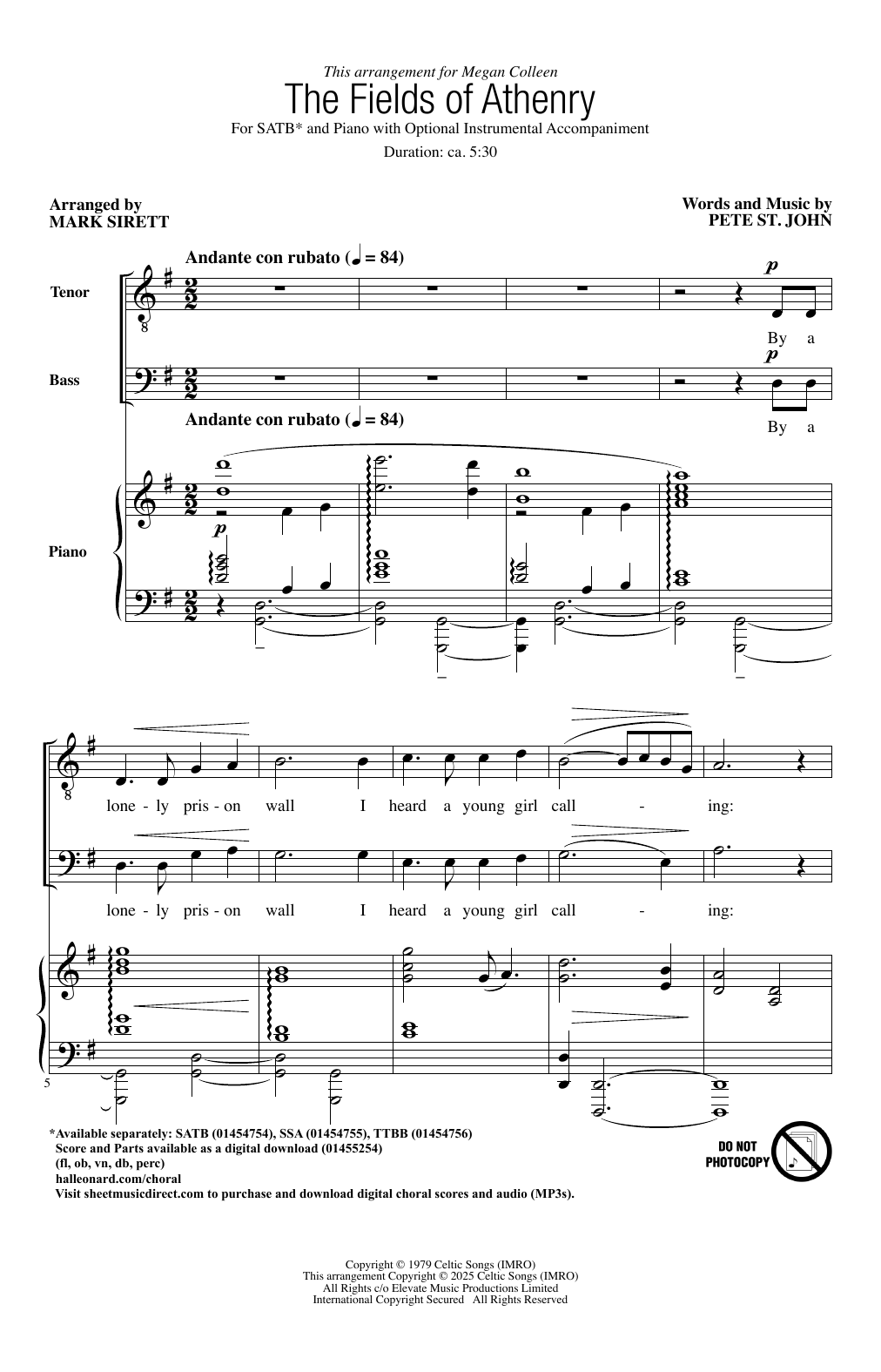 Pete St. John The Fields Of Athenry (arr. Mark Sirett) sheet music notes and chords arranged for TTBB Choir
