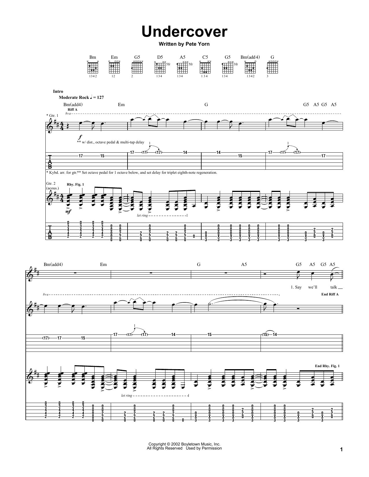 Pete Yorn Undercover sheet music notes and chords arranged for Guitar Tab