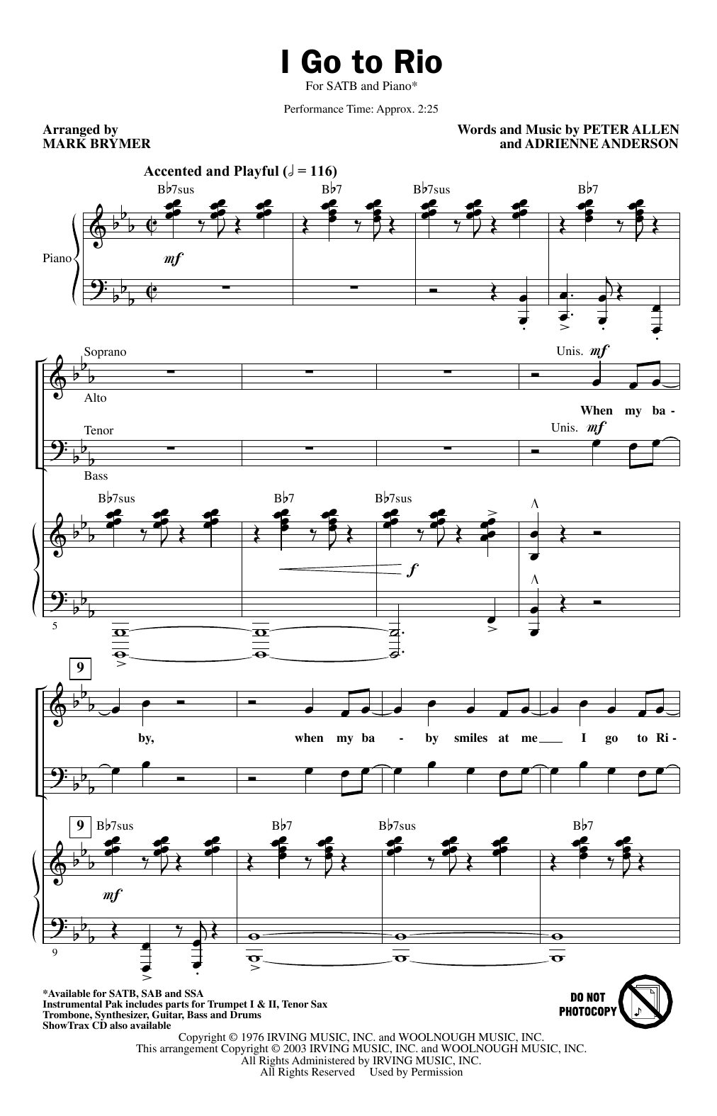 Peter Allen I Go To Rio (from The Boy From Oz) (arr. Mark Brymer) sheet music notes and chords arranged for SAB Choir