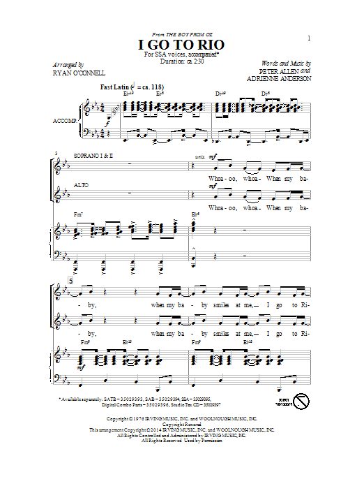 Peter Allen I Go To Rio (from The Boy From Oz) (arr. Ryan O'Connell) sheet music notes and chords arranged for SAB Choir