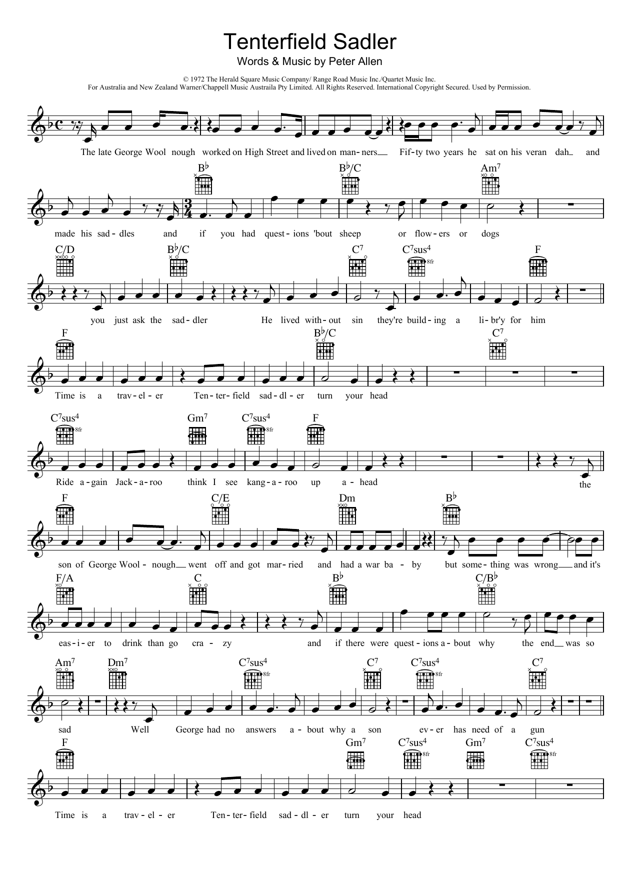 Peter Allen Tenterfield Saddler sheet music notes and chords arranged for Lead Sheet / Fake Book