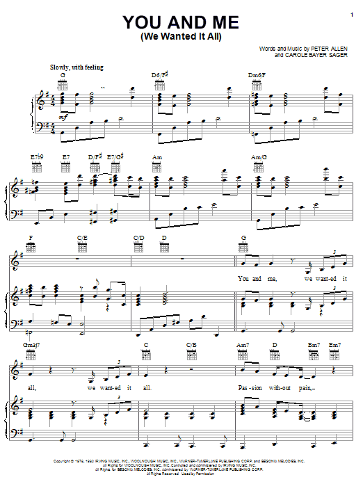 Peter Allen You And Me (We Wanted It All) (from The Boy From Oz) sheet music notes and chords arranged for Piano, Vocal & Guitar Chords (Right-Hand Melody)
