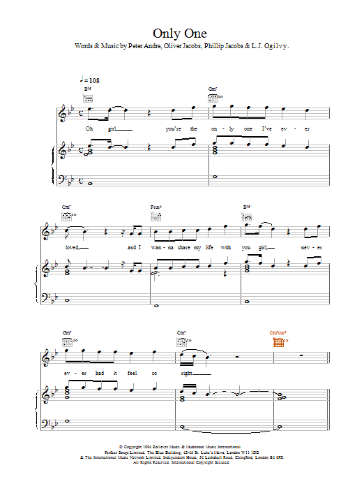 Peter André Only One sheet music notes and chords arranged for Piano, Vocal & Guitar Chords