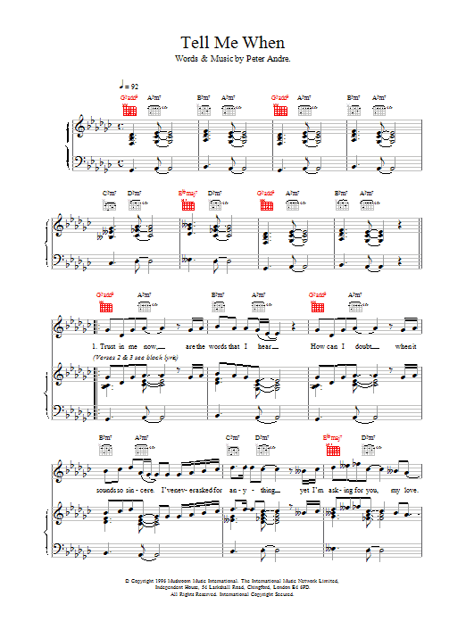 Peter André Tell Me When sheet music notes and chords arranged for Piano, Vocal & Guitar Chords