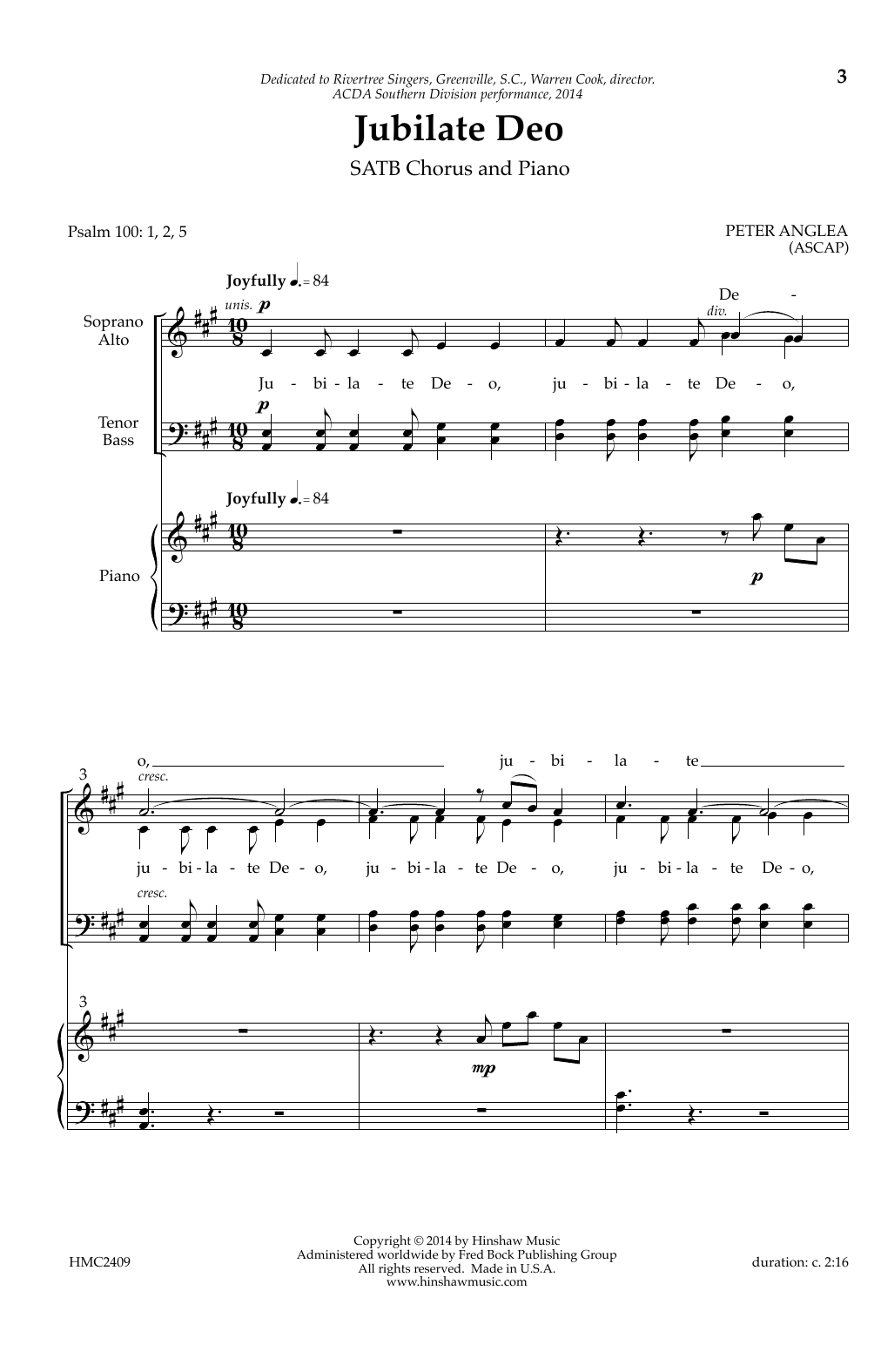 Peter Anglea Jubilate Deo sheet music notes and chords arranged for SATB Choir