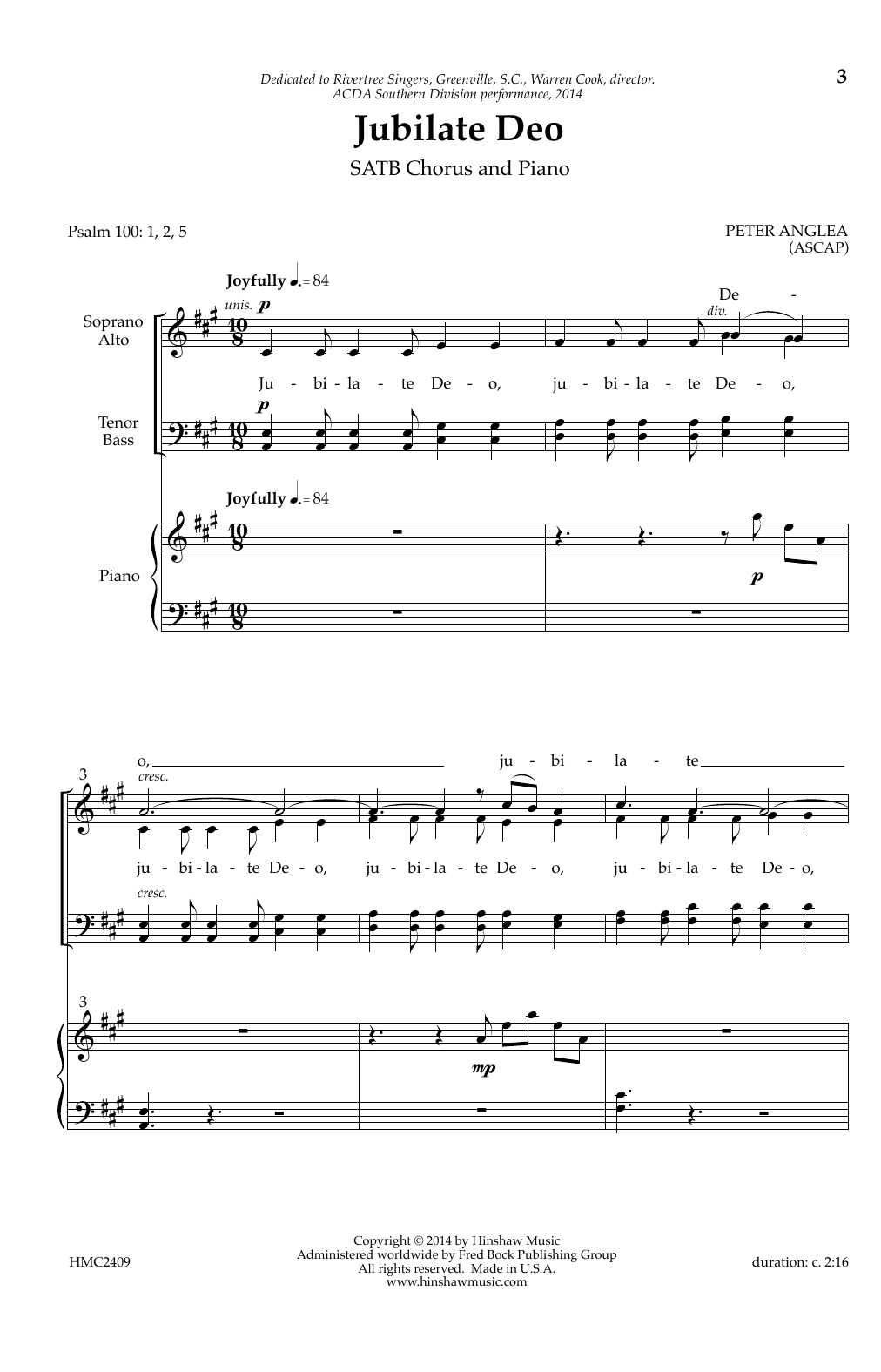 Peter Anglea Jubilate Deo sheet music notes and chords arranged for SSAA Choir