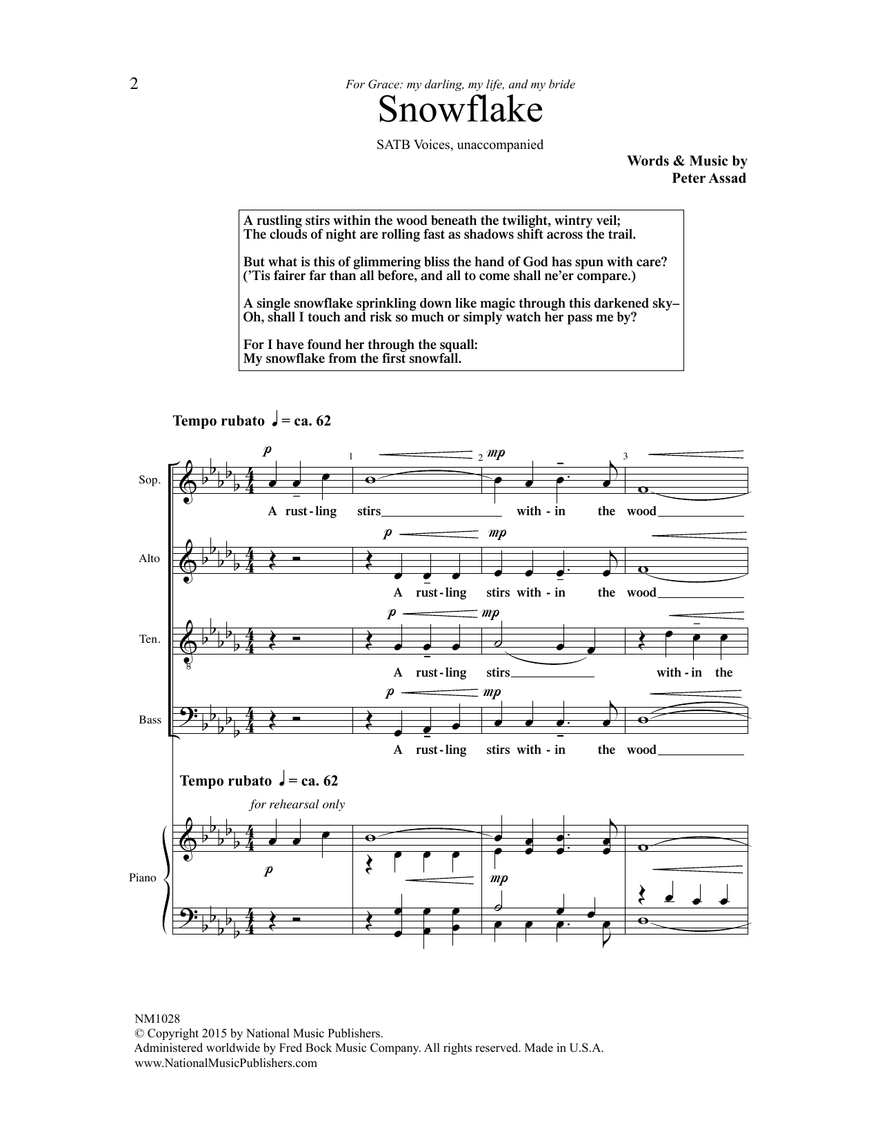 Peter Assad Snowflake sheet music notes and chords arranged for SATB Choir