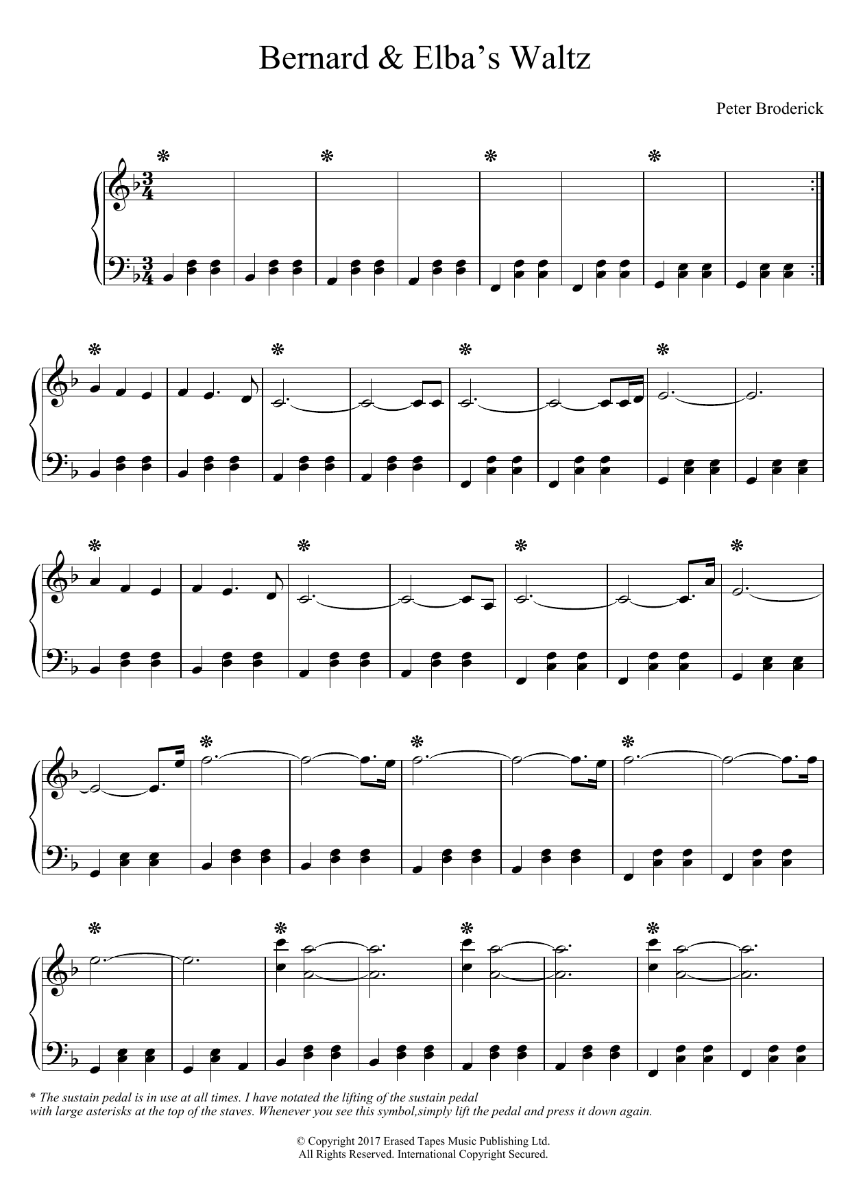 Peter Broderick Bernard and Elba's Waltz sheet music notes and chords arranged for Piano Solo