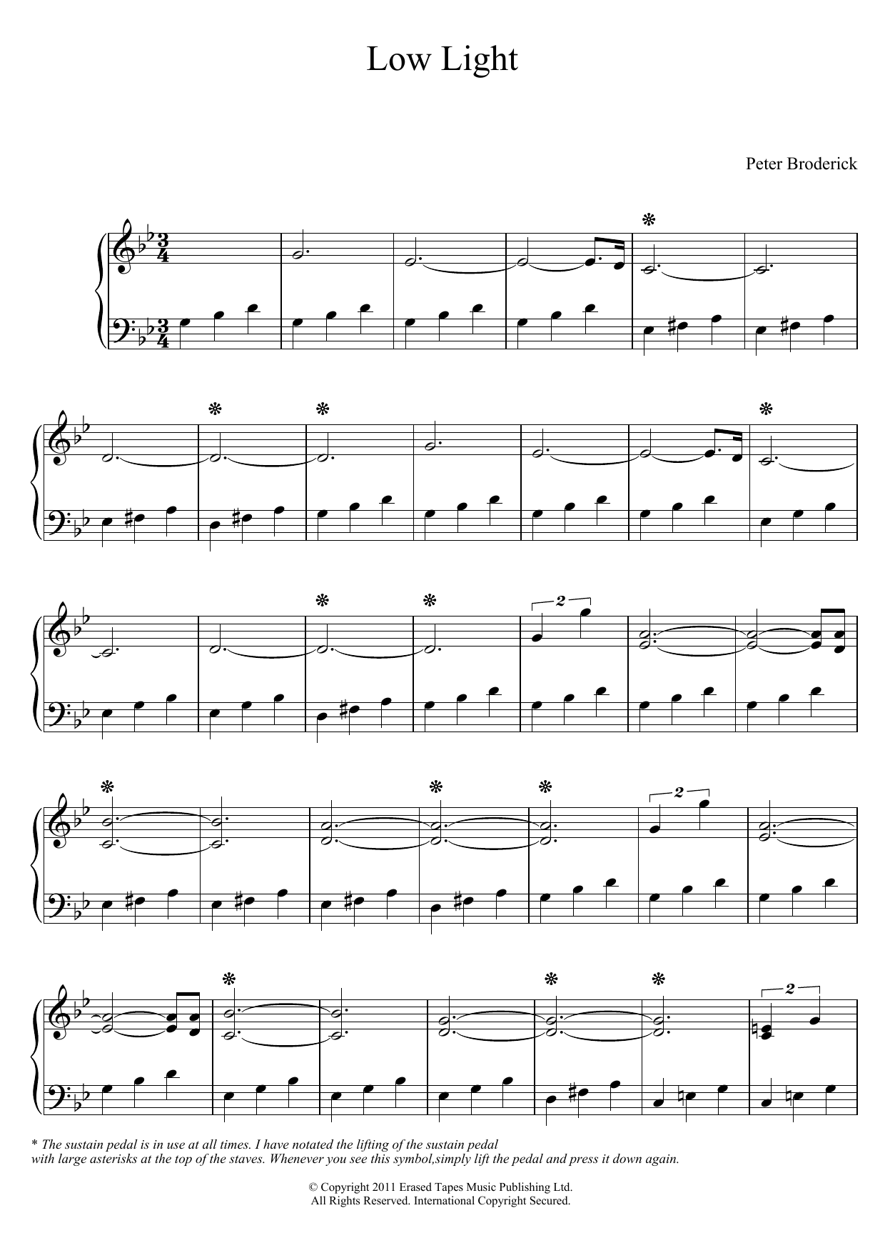 Peter Broderick Low Light sheet music notes and chords arranged for Piano Solo