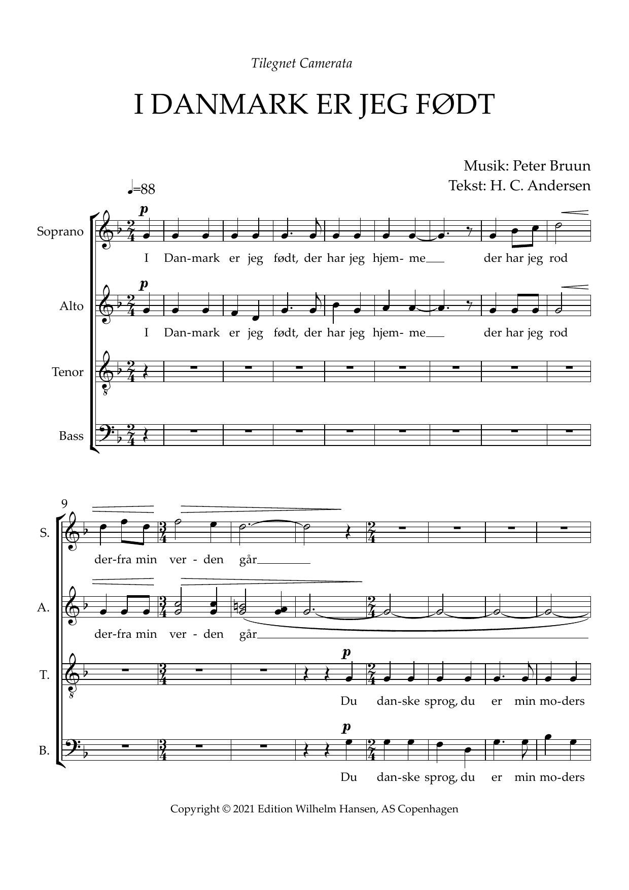 Peter Bruun I DANMARK ER JEG FØDT sheet music notes and chords arranged for SATB Choir