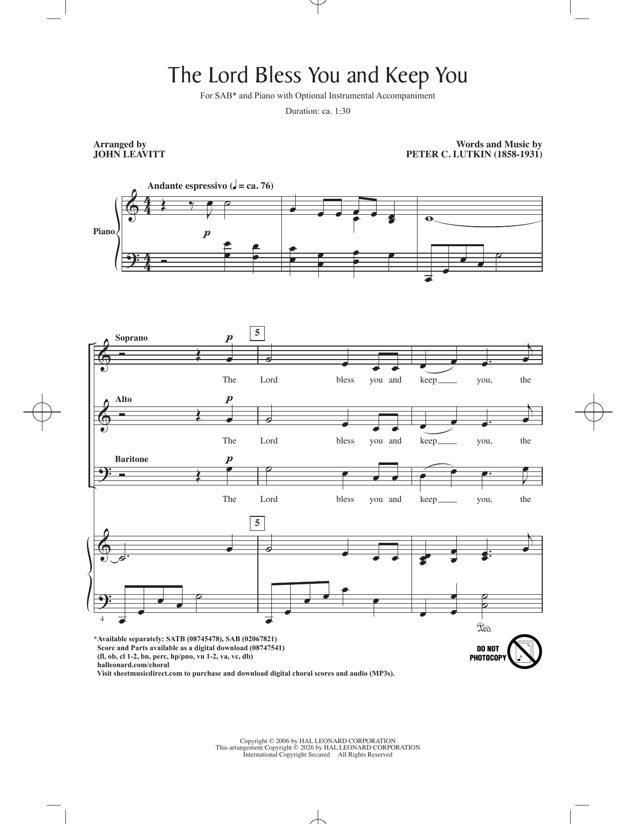 Peter C. Lutkin The Lord Bless You And Keep You (arr. John Leavitt) sheet music notes and chords arranged for SAB Choir