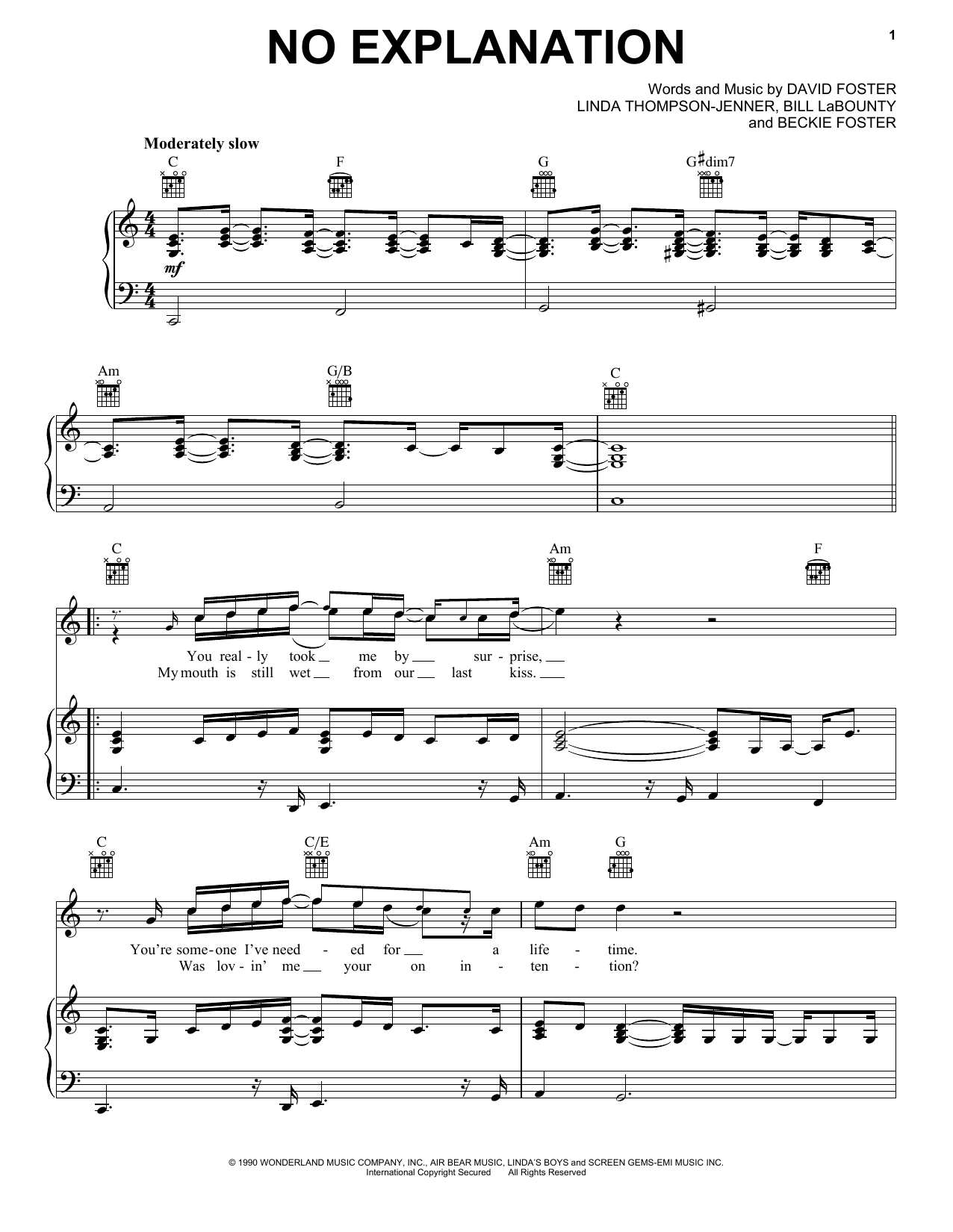 Peter Cetera No Explanation (from Pretty Woman) sheet music notes and chords arranged for Piano, Vocal & Guitar Chords (Right-Hand Melody)