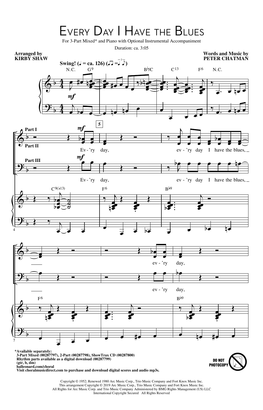 Peter Chatman Every Day I Have The Blues (arr. Kirby Shaw) sheet music notes and chords arranged for 3-Part Mixed Choir