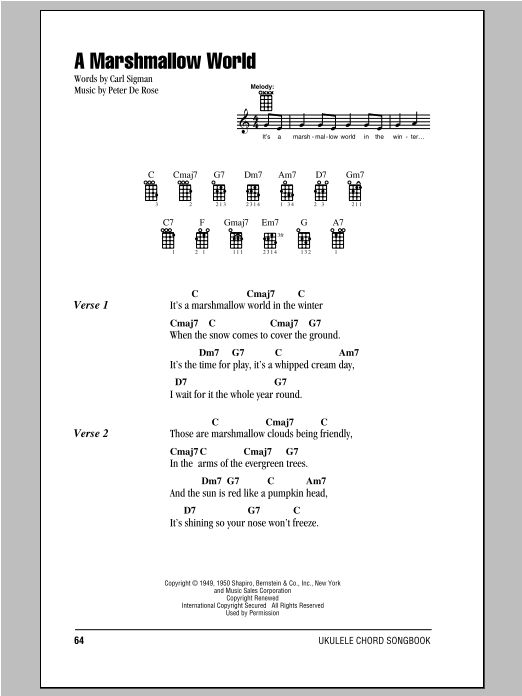 Peter De Rose A Marshmallow World sheet music notes and chords arranged for Ukulele Chords/Lyrics