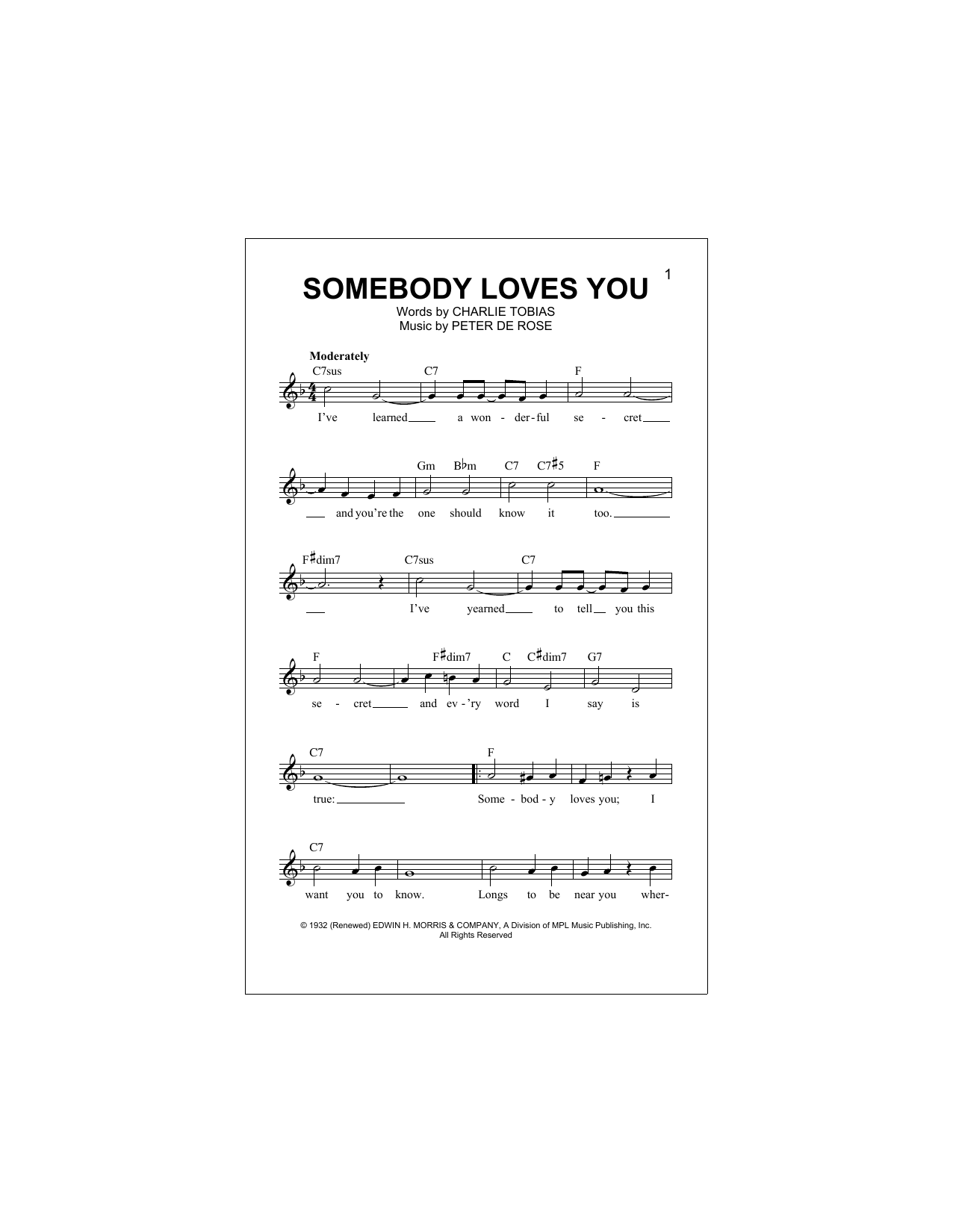 Peter De Rose Somebody Loves You sheet music notes and chords arranged for Lead Sheet / Fake Book