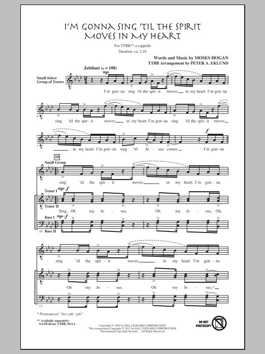 Peter Eklund I'm Gonna Sing 'Til The Spirit Moves In My Heart sheet music notes and chords arranged for SSAA Choir