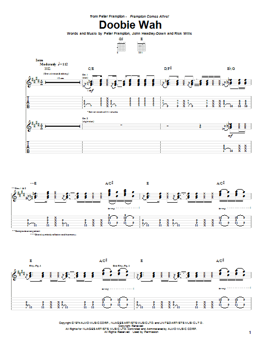 Peter Frampton Doobie Wah sheet music notes and chords arranged for Guitar Tab