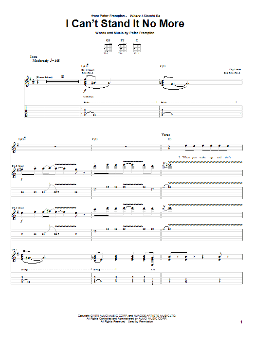 Peter Frampton I Can't Stand It No More sheet music notes and chords arranged for Guitar Tab