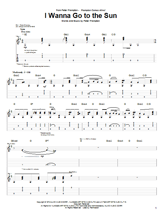 Peter Frampton I Wanna Go To The Sun sheet music notes and chords arranged for Guitar Tab