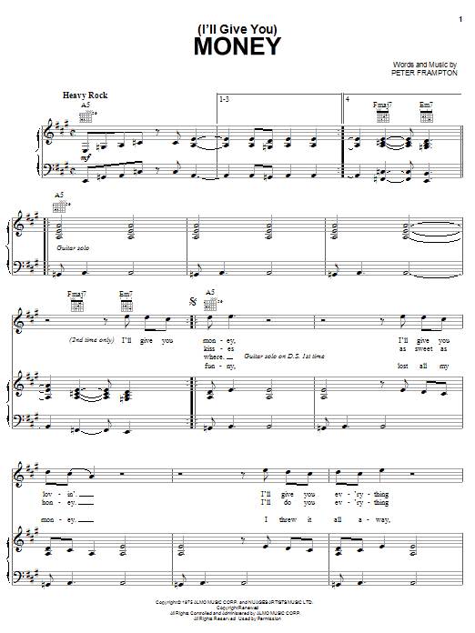 Peter Frampton (I'll Give You) Money sheet music notes and chords arranged for Piano, Vocal & Guitar Chords (Right-Hand Melody)