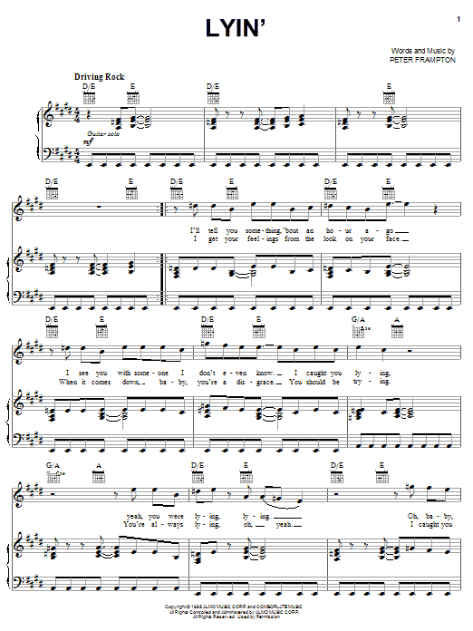 Peter Frampton Lyin' sheet music notes and chords arranged for Piano, Vocal & Guitar Chords (Right-Hand Melody)