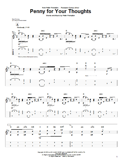 Peter Frampton Penny For Your Thoughts sheet music notes and chords arranged for Guitar Tab