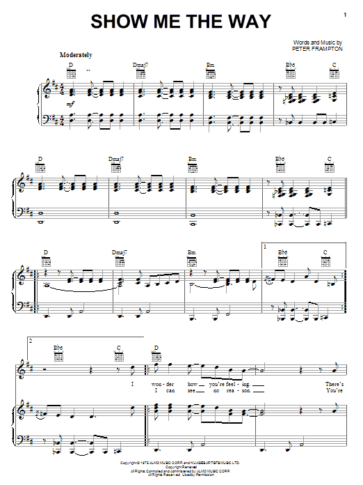 Peter Frampton Show Me The Way sheet music notes and chords arranged for Easy Piano