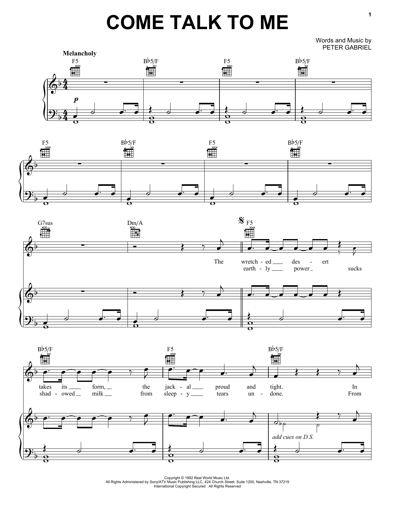 Peter Gabriel Come Talk To Me sheet music notes and chords arranged for Piano, Vocal & Guitar Chords (Right-Hand Melody)