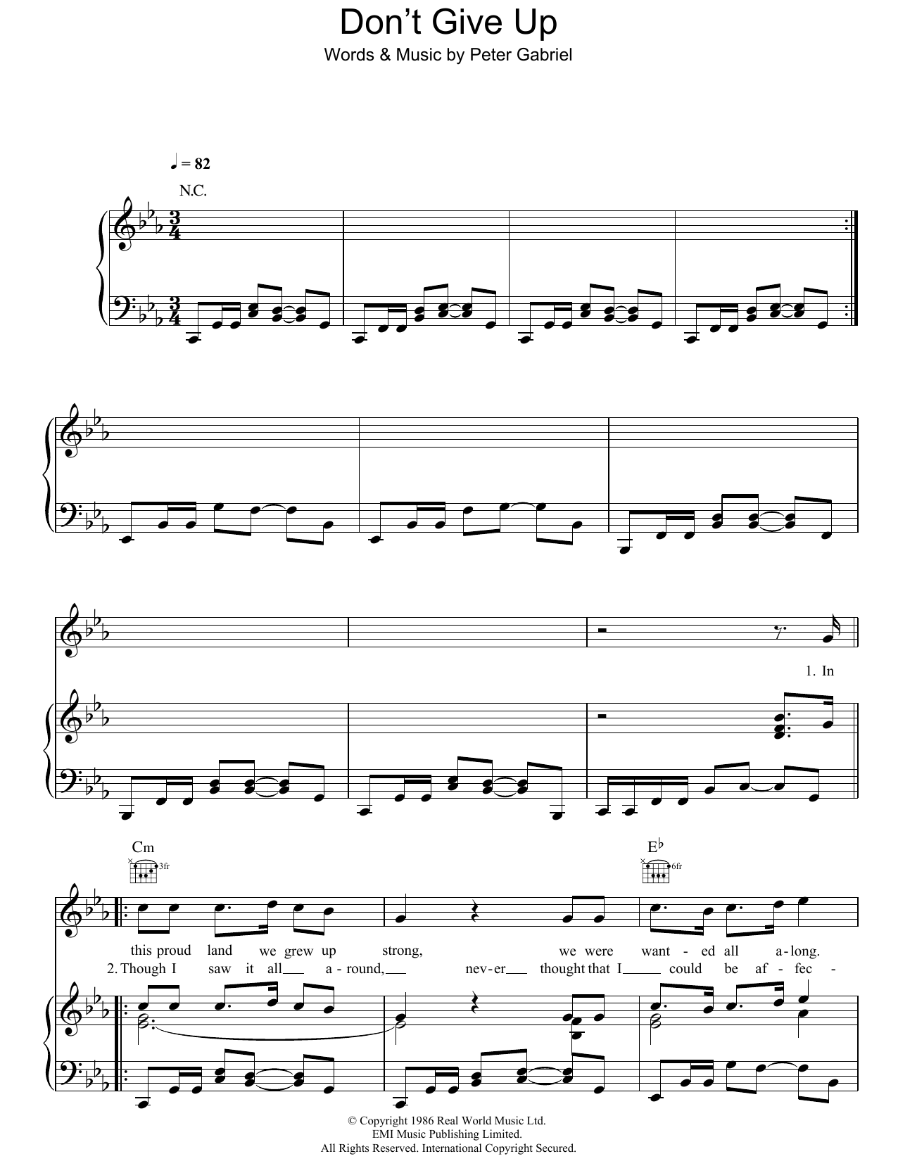 Kate Bush Don't Give Up sheet music notes and chords arranged for Piano, Vocal & Guitar Chords
