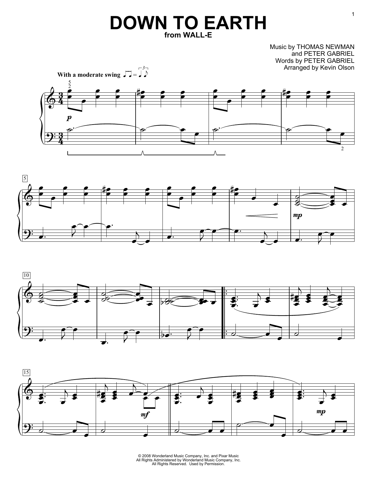 Peter Gabriel Down To Earth (from WALL-E) (arr. Kevin Olson) sheet music notes and chords arranged for Easy Piano Solo