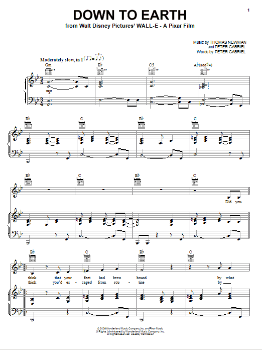 Peter Gabriel Down To Earth (from WALL-E) sheet music notes and chords arranged for Piano, Vocal & Guitar Chords