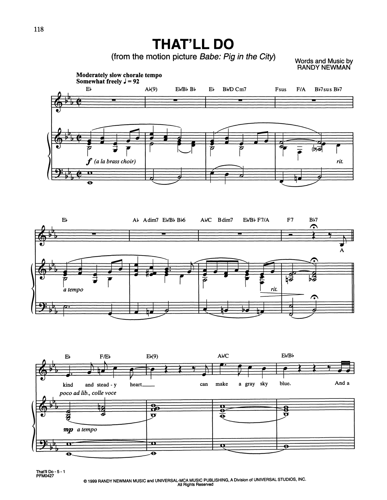 Peter Gabriel feat. Paddy Maloney & The Black Dyke Mills Band That'll Do (from Babe: Pig In The City) sheet music notes and chords arranged for Piano & Vocal