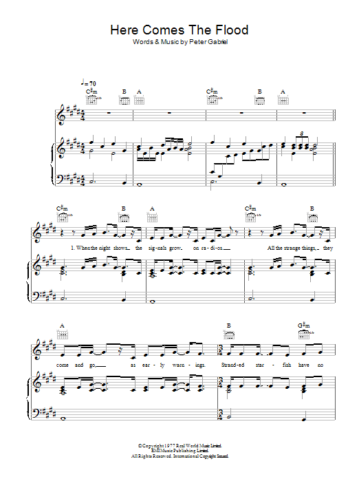 Peter Gabriel Here Comes The Flood sheet music notes and chords arranged for Piano, Vocal & Guitar Chords