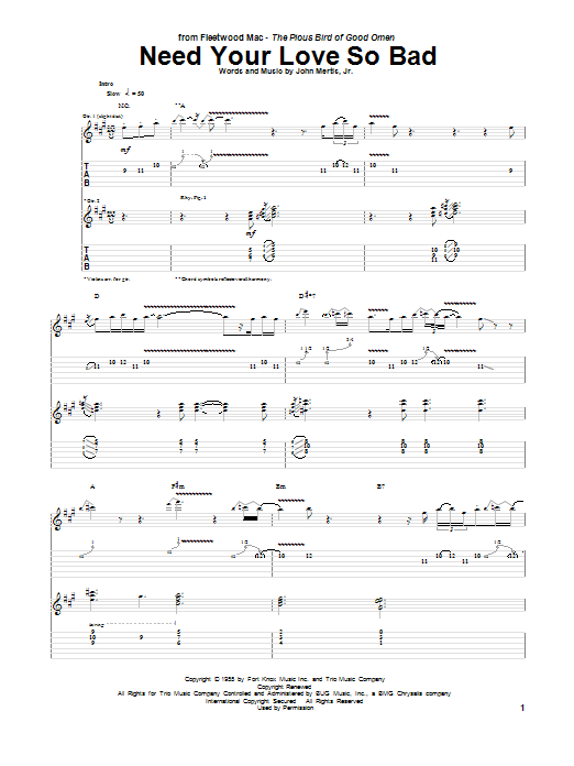 Peter Green Need Your Love So Bad sheet music notes and chords arranged for Guitar Tab